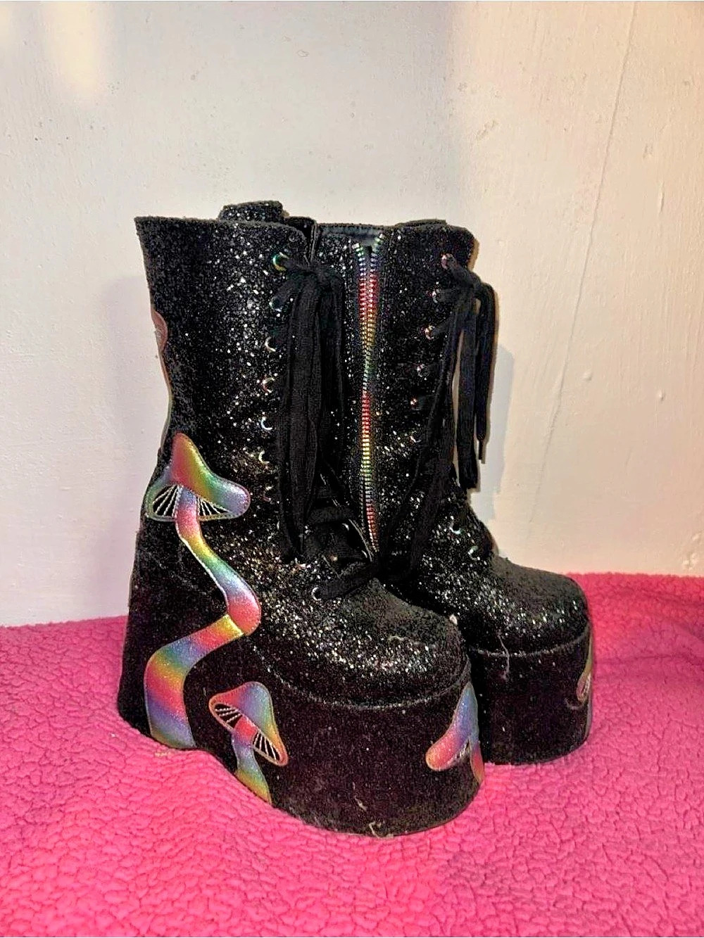 Club Exx Trippy Twilight Rainbow Mushroom Platform Boots Black